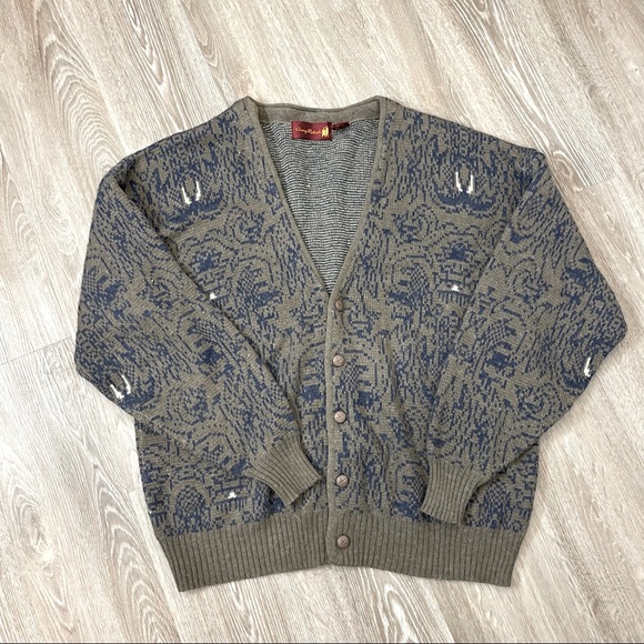 Vintage Other - Vintage Gray Blue Print Relaxed Fit Cardigan V-neck Button Up